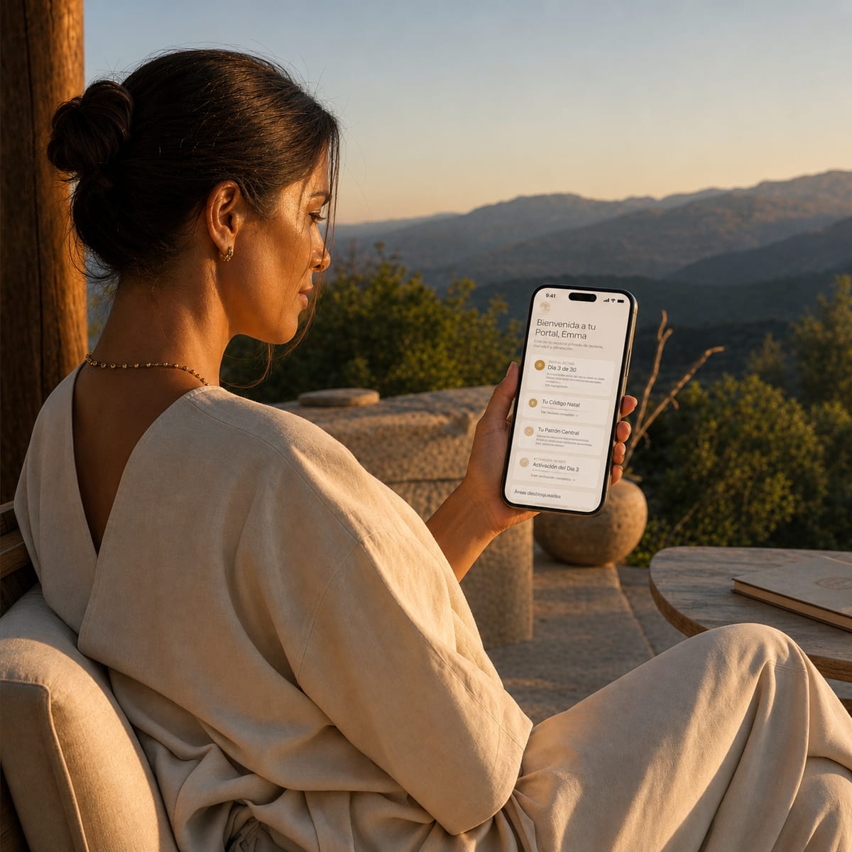 Una mujer consulta su portal de Abundance Code en el móvil, al atardecer.